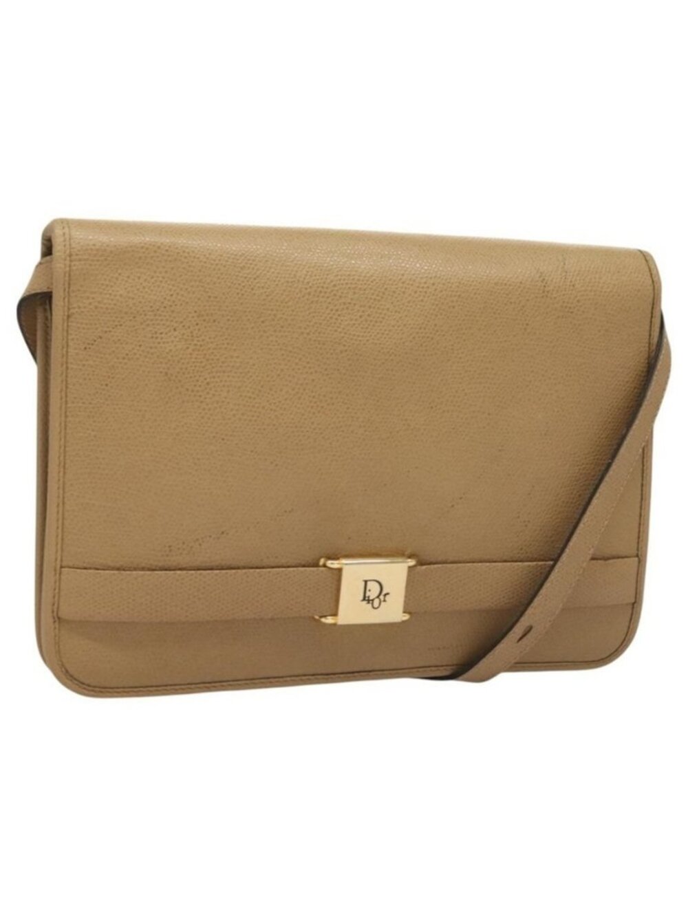 Authentic Christian Dior Shoulder Bag Leather Beige Gold